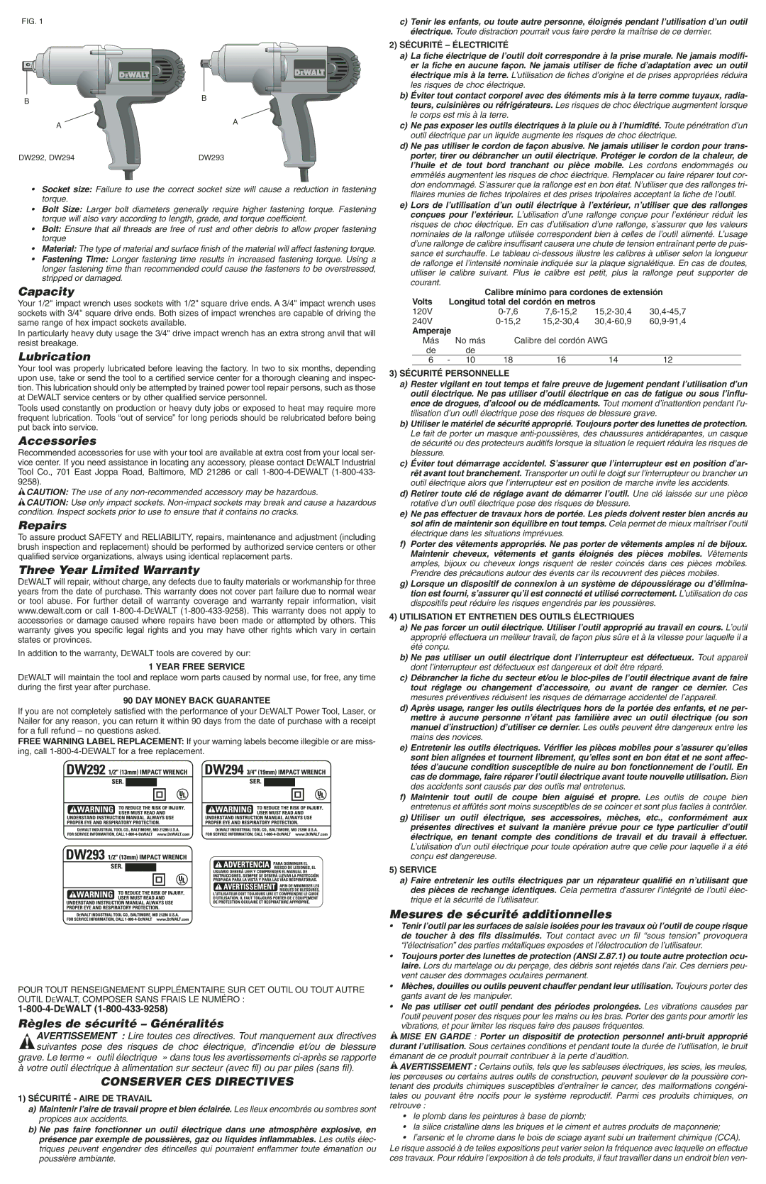 DeWalt DW294 Capacity, Lubrication, Accessories, Repairs, Three Year Limited Warranty, Règles de sécurité Généralités 