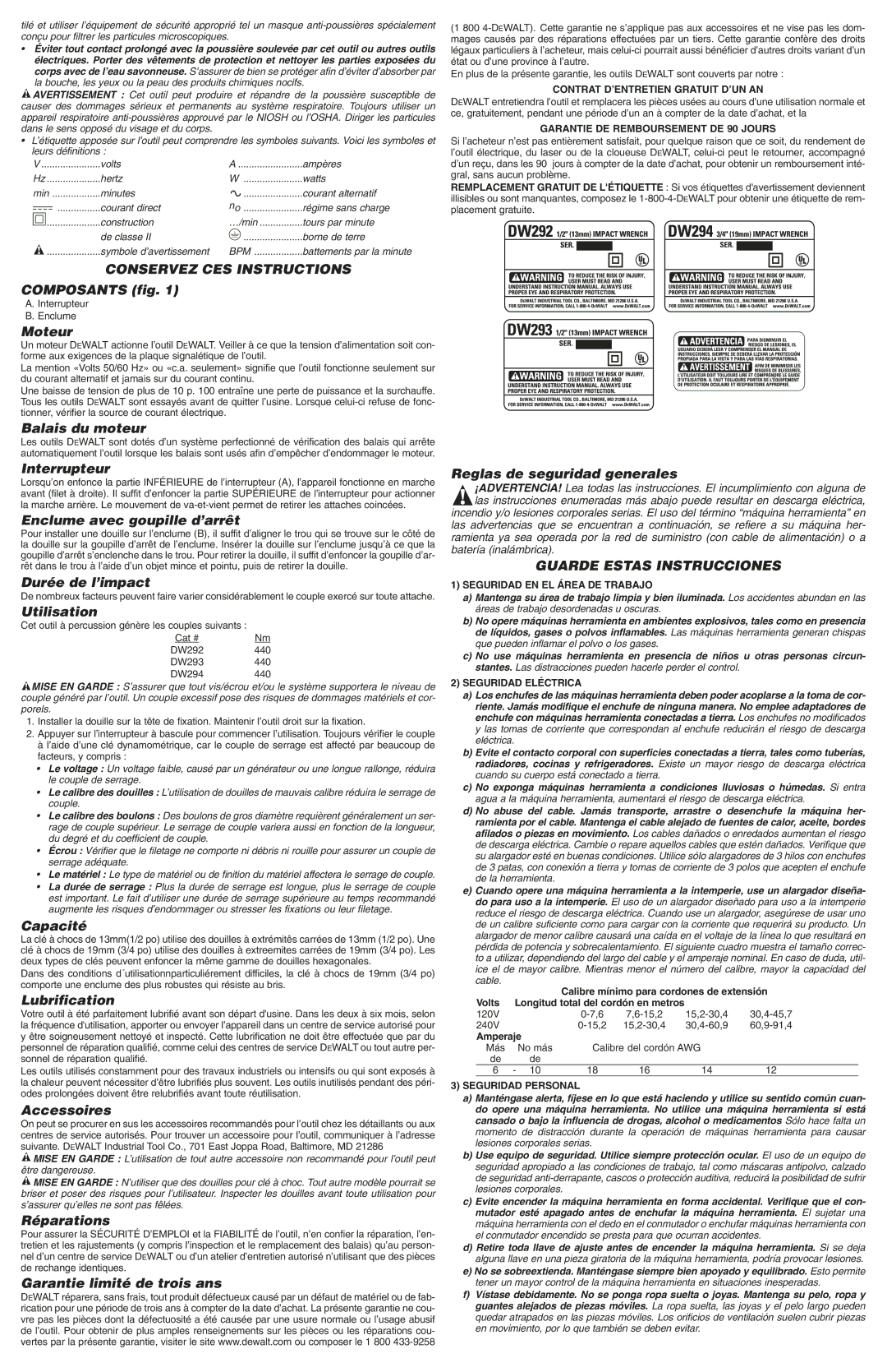 DeWalt DW292 Composants fig, Moteur, Balais du moteur, Interrupteur, Enclume avec goupille d’arrêt, Durée de l’impact 