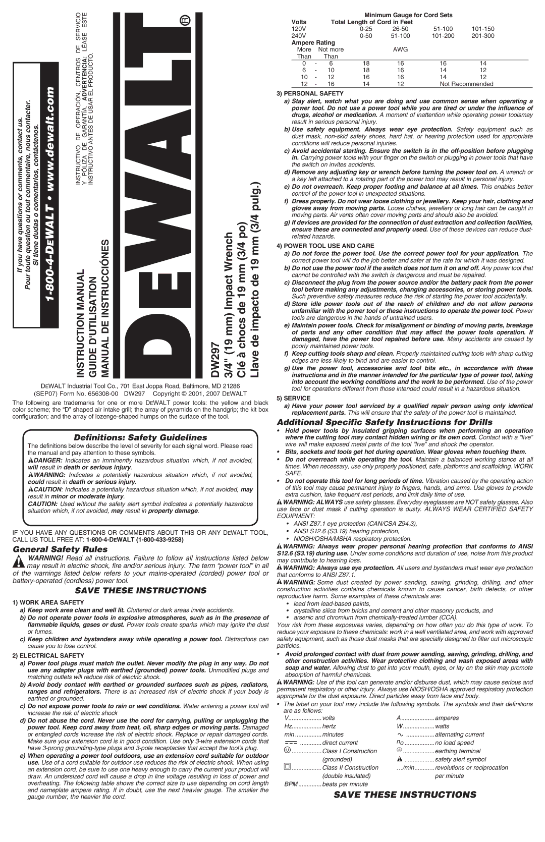 DeWalt DW297 instruction manual Definitions Safety Guidelines, General Safety Rules 