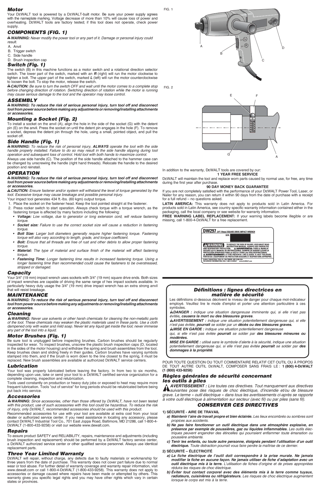 DeWalt DW297 instruction manual Components FIG, Assembly, Operation, Maintenance, Conserver CES Directives 