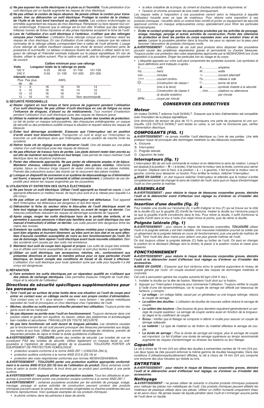 DeWalt DW297 instruction manual Composants FIG, Assemblage, Fonctionnement, Entretien 