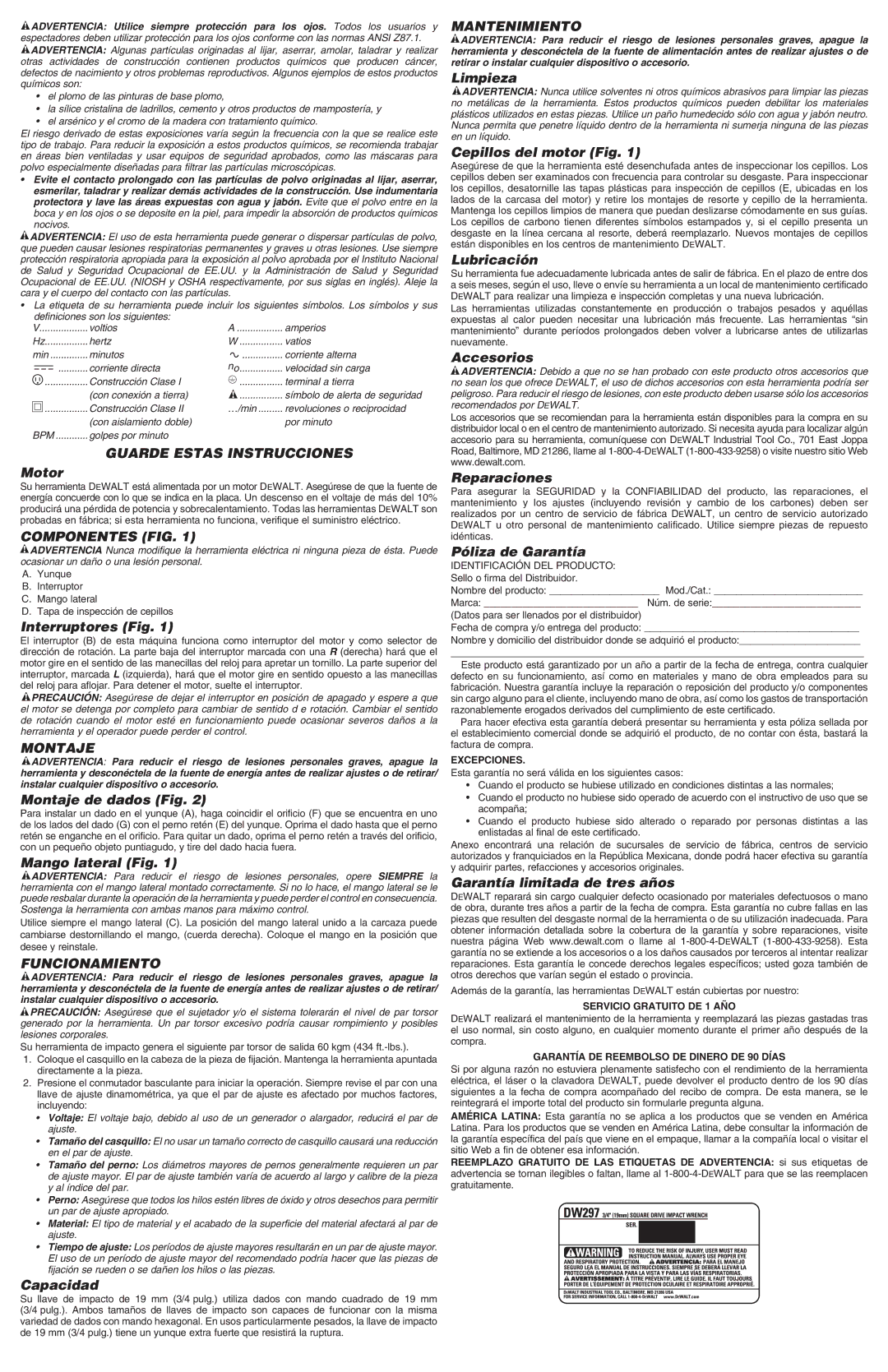 DeWalt DW297 instruction manual Componentes FIG, Montaje, Funcionamiento, Mantenimiento 