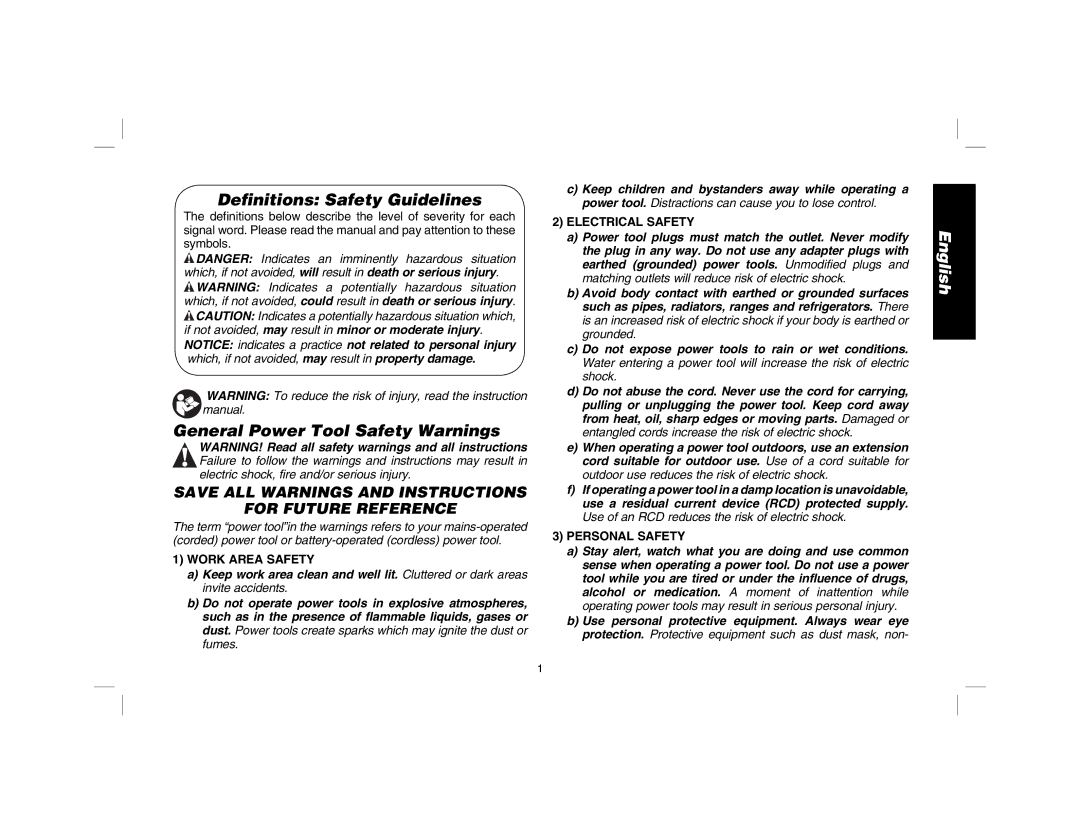 DeWalt DW300 Definitions Safety Guidelines, General Power Tool Safety Warnings, Work Area Safety, Electrical Safety 