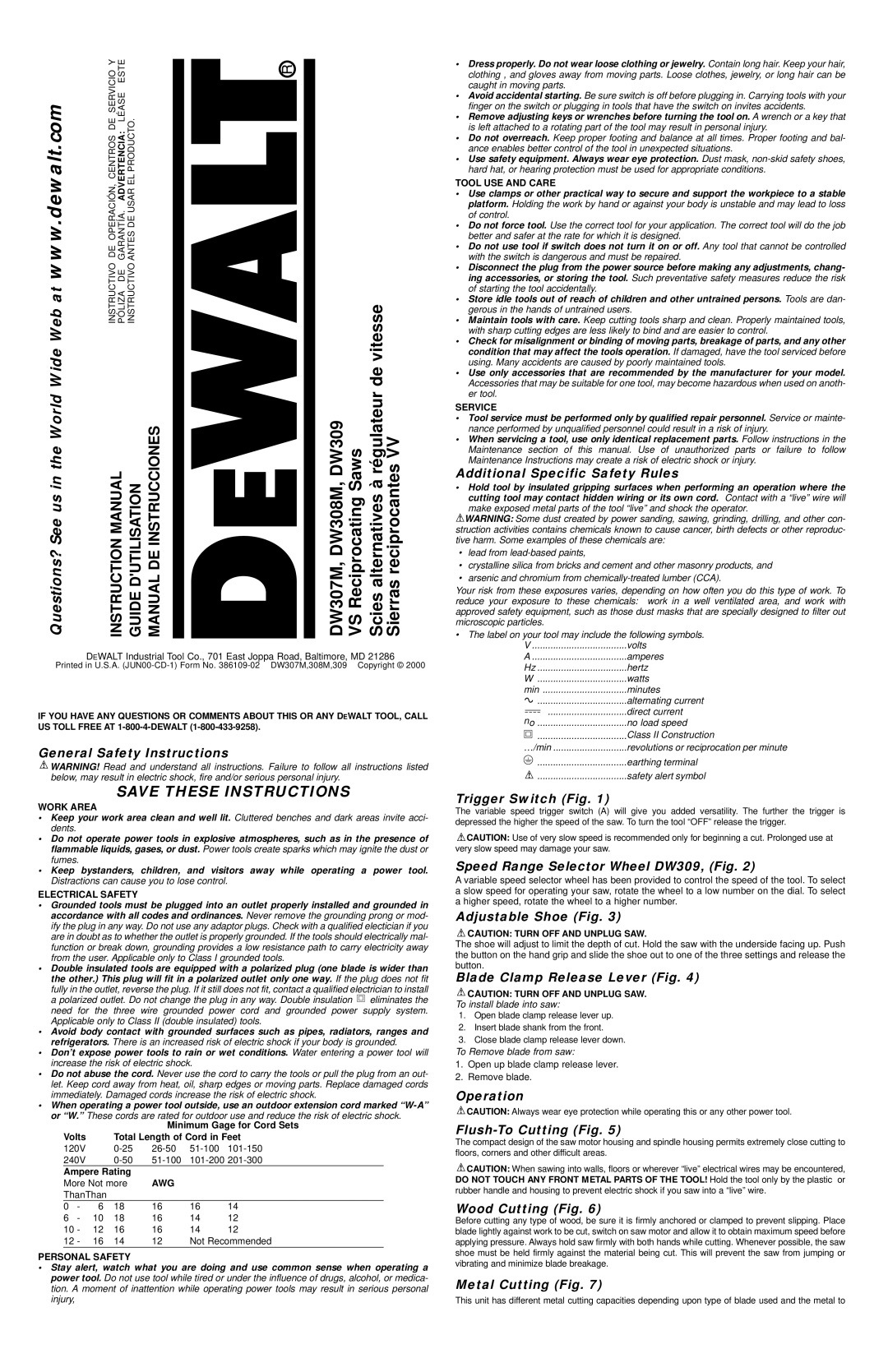 DeWalt DW307M, DW308M instruction manual General Safety Instructions, Additional Specific Safety Rules, Trigger Switch Fig 