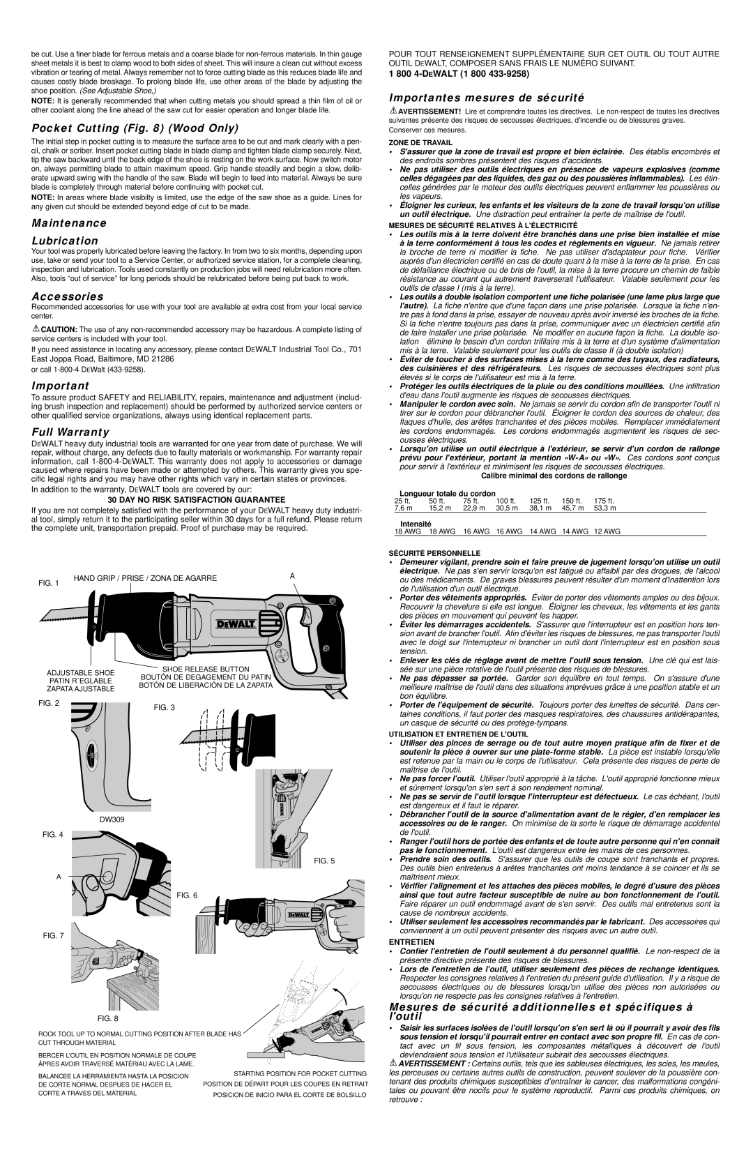 DeWalt DW309, DW308M, DW307M instruction manual Pocket Cutting Wood Only, Maintenance Lubrication, Accessories, Full Warranty 