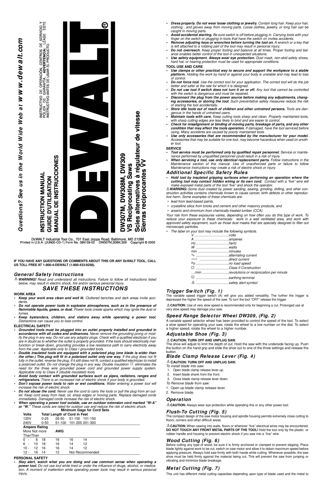 DeWalt instruction manual de vitesse, DW307M, DW308M, DW309, Questions? See us in the World, Save These Instructions 