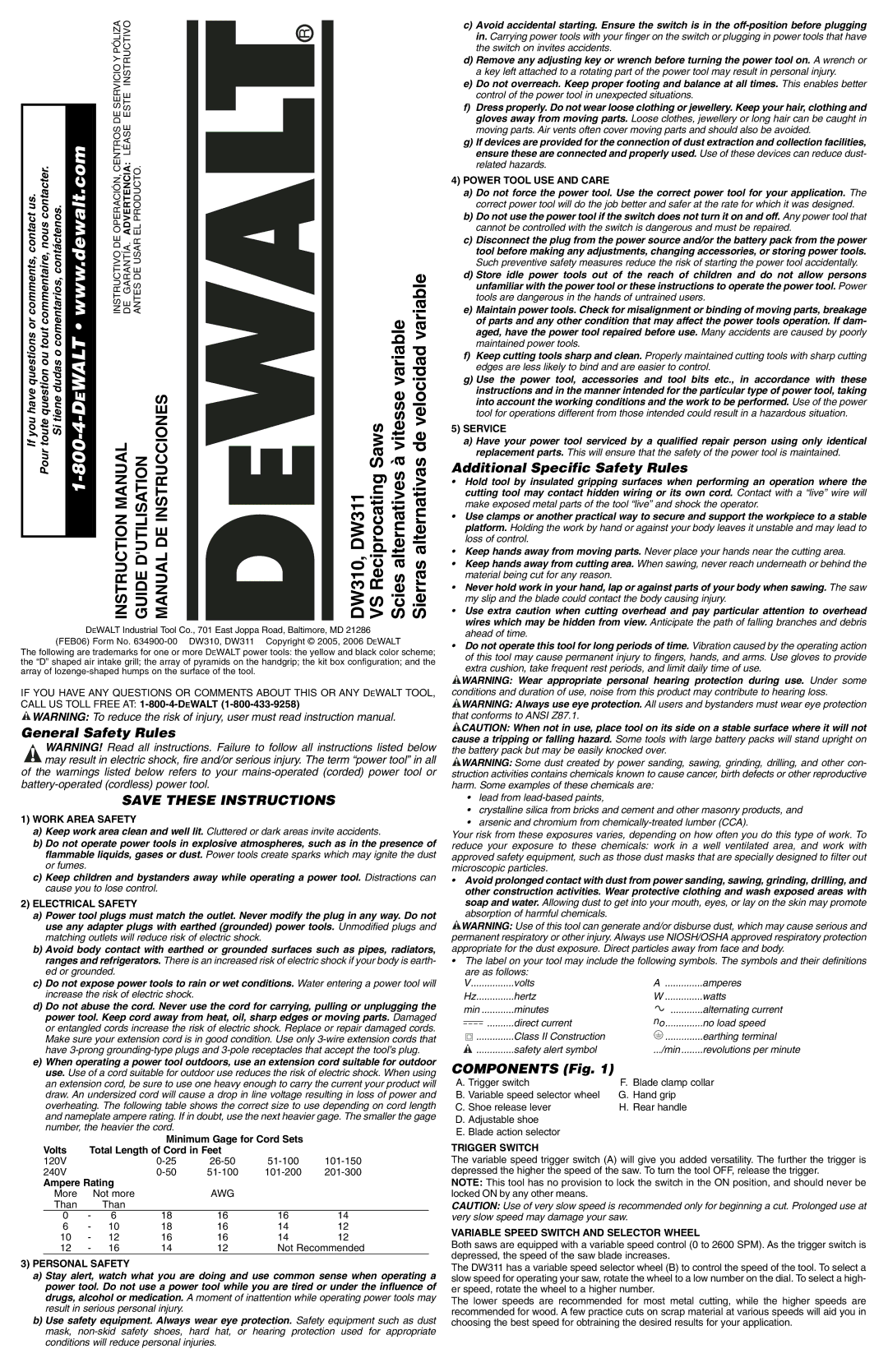 DeWalt DW311K, DW310K instruction manual General Safety Rules, Additional Specific Safety Rules, Components Fig 