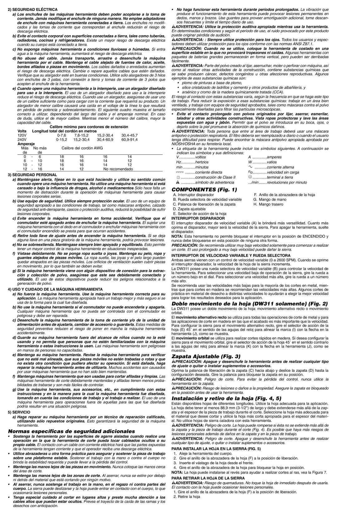 DeWalt DW311K, DW310K instruction manual Normas específicas de seguridad adicionales, Componentes Fig, Zapata Ajustable Fig 