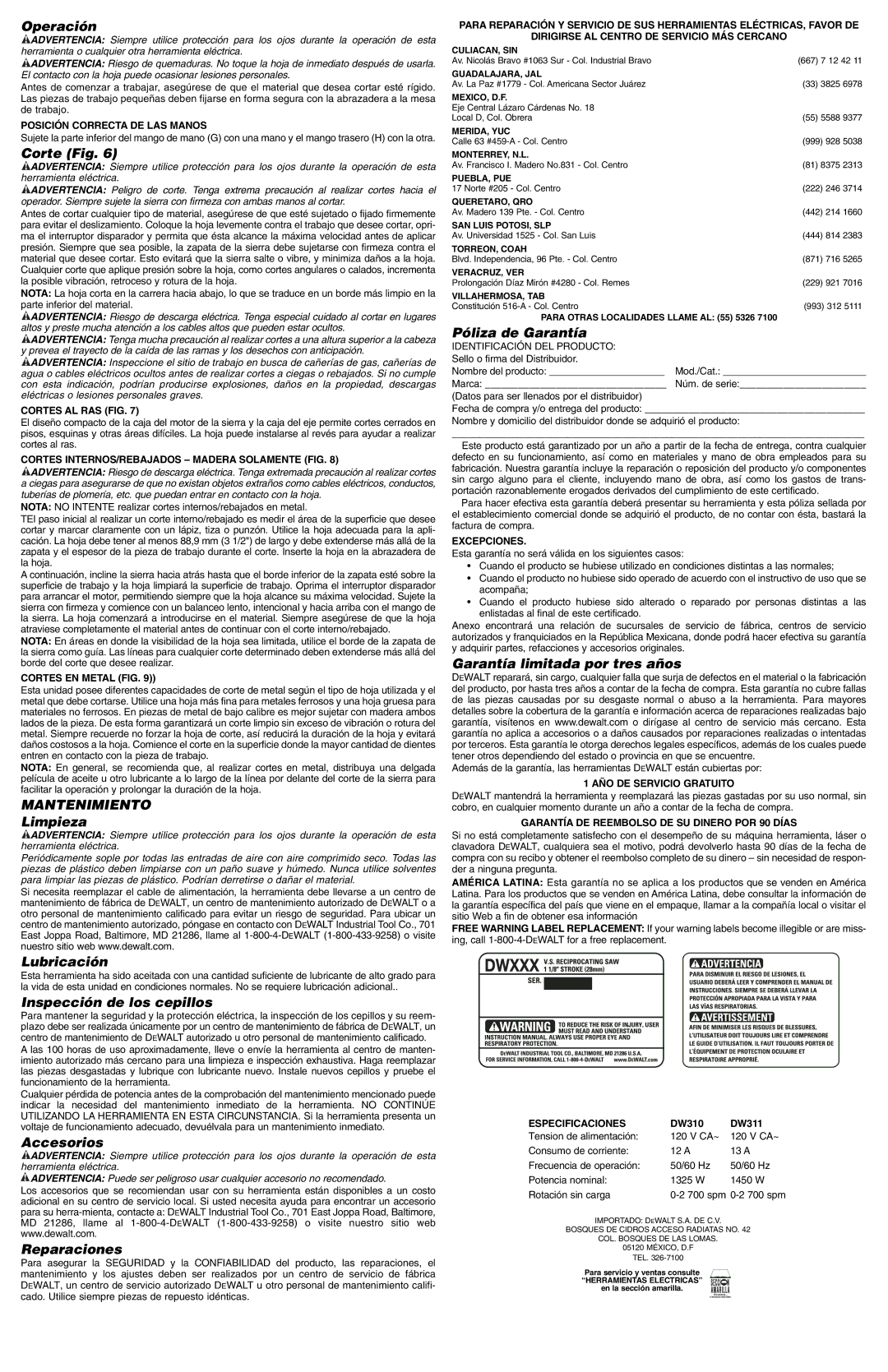 DeWalt DW310K, DW311K instruction manual Mantenimiento 