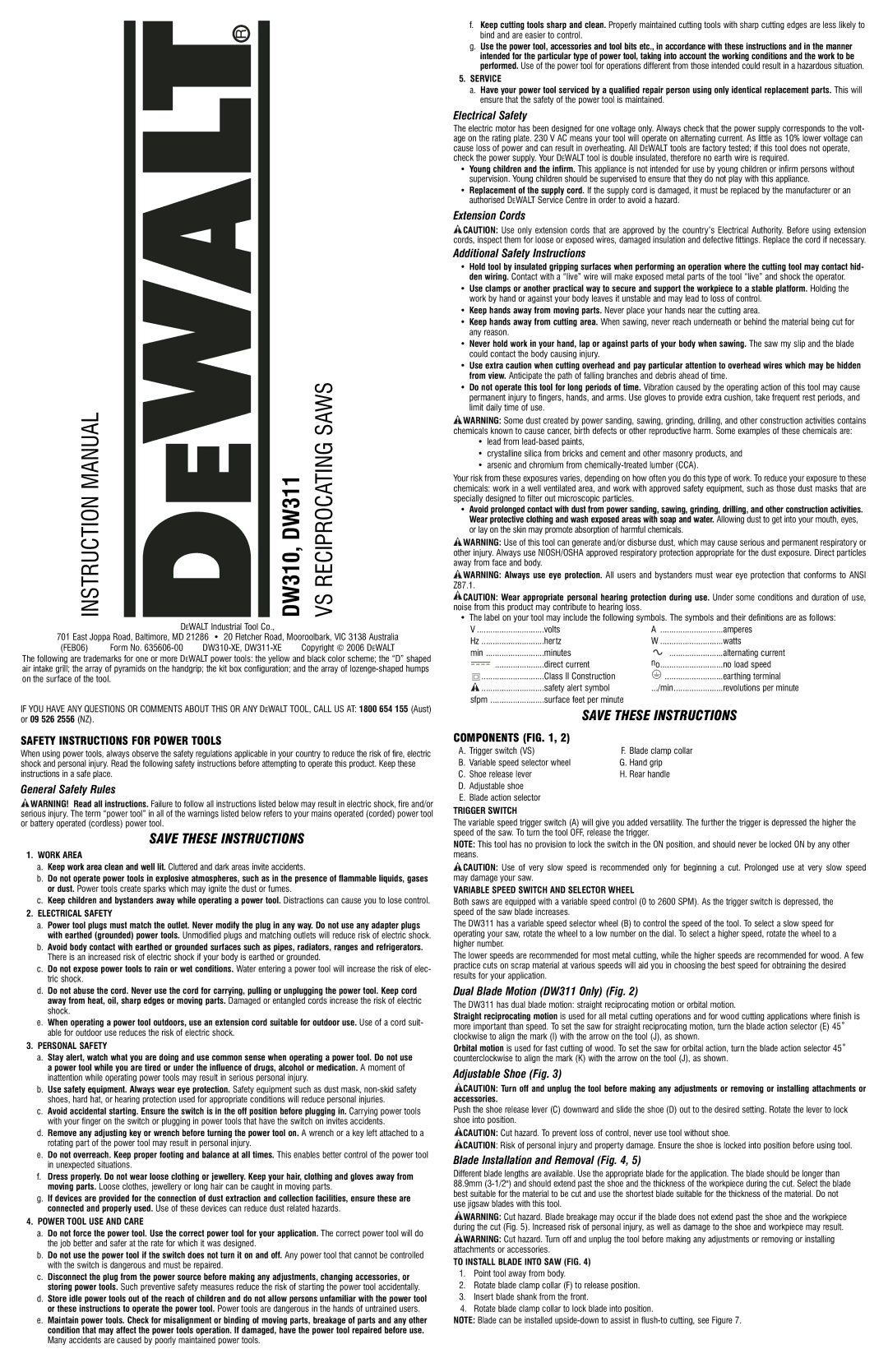 DeWalt DW311K instruction manual General Safety Rules, Electrical Safety, Extension Cords Additional Safety Instructions 