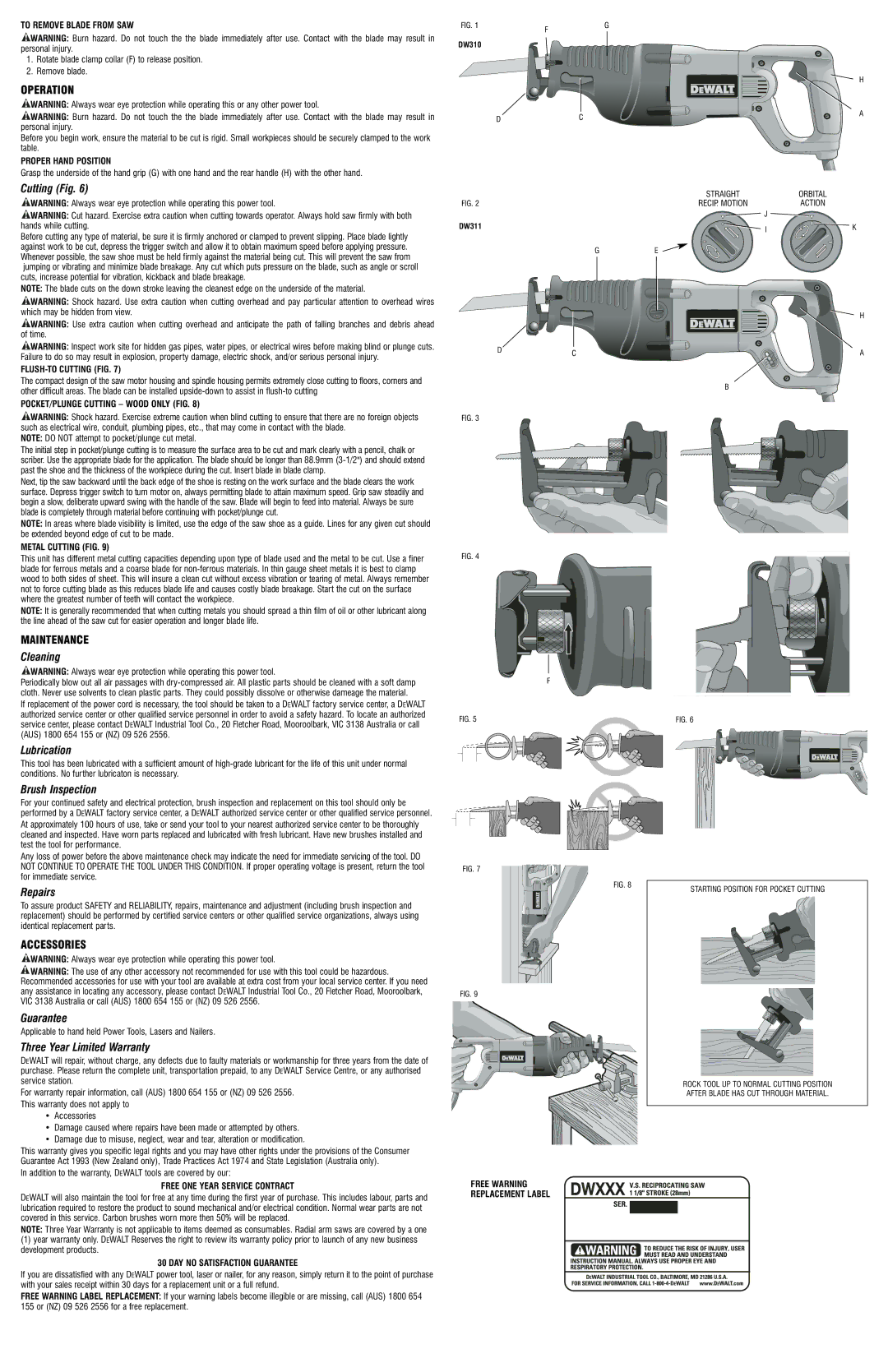 DeWalt DW311K Cutting Fig, Cleaning, Lubrication, Brush Inspection, Repairs, Guarantee, Three Year Limited Warranty 