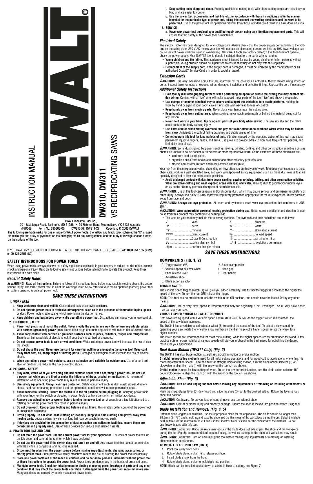 DeWalt DW311K instruction manual Safety Instructions For Power Tools, General Safety Rules, Electrical Safety, Components 