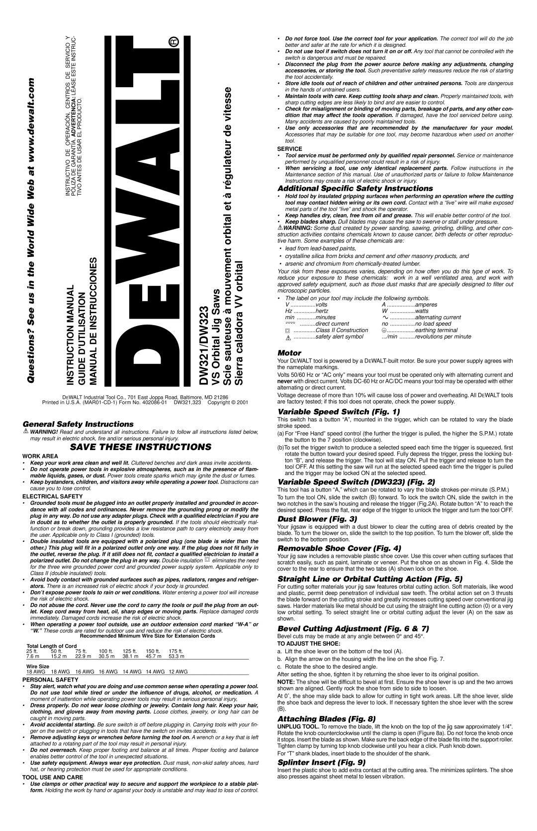 DeWalt DW321/DW323 instruction manual General Safety Instructions, Additional Specific Safety Instructions, Motor 