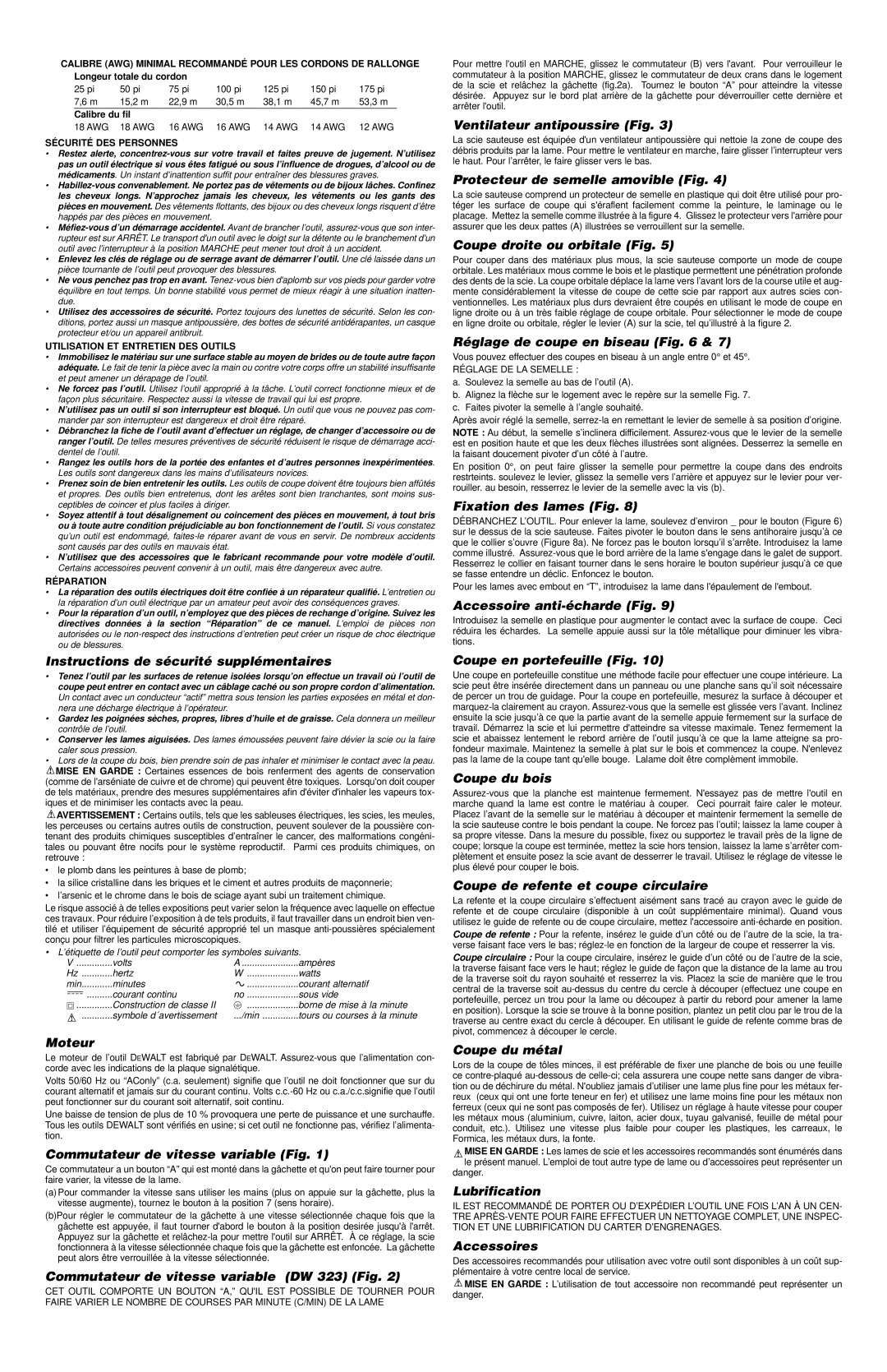 DeWalt DW321/DW323 Instructions de sécurité supplémentaires, Moteur, Commutateur de vitesse variable Fig, Coupe du bois 