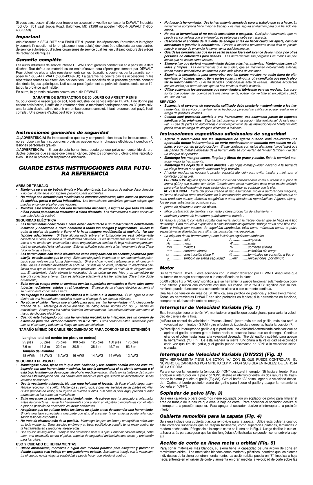 DeWalt DW321/DW323 Garantie complète, Instrucciones generales de seguridad, Interruptor de Velocidad Variable Fig 