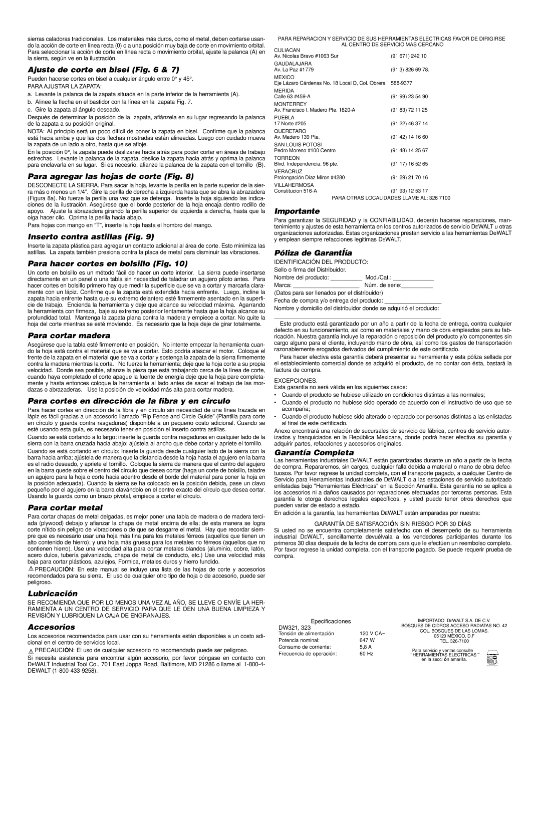 DeWalt DW321/DW323 Ajuste de corte en bisel, Para agregar las hojas de corte Fig, Inserto contra astillas Fig, Lubricación 