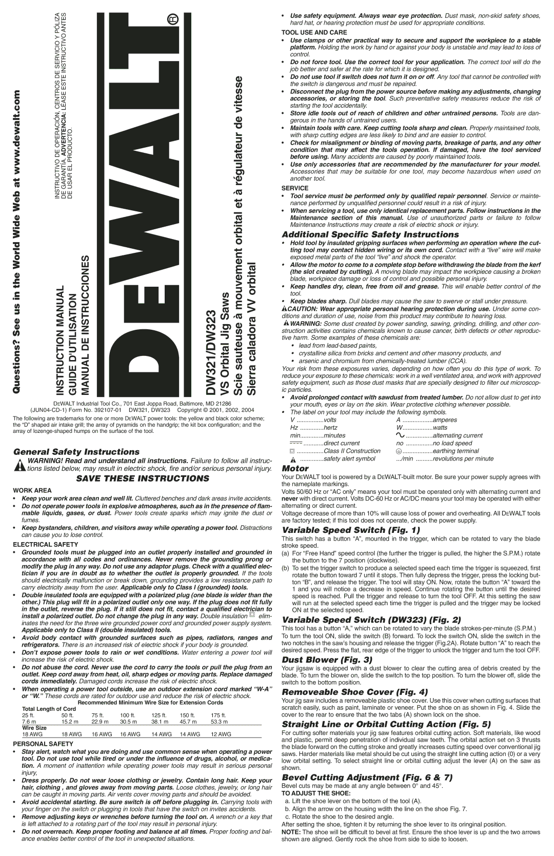 DeWalt DW321, DW323 instruction manual General Safety Instructions, Additional Specific Safety Instructions, Motor 