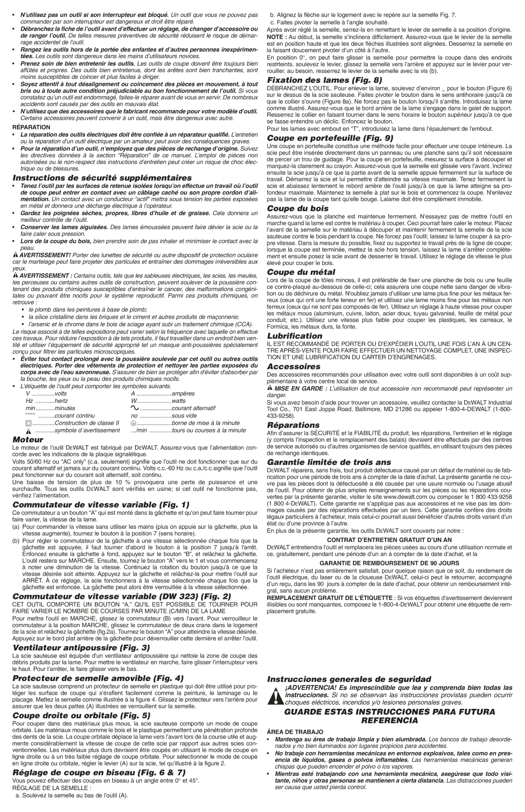 DeWalt DW321 Instructions de sécurité supplémentaires, Moteur, Commutateur de vitesse variable Fig, Fixation des lames Fig 