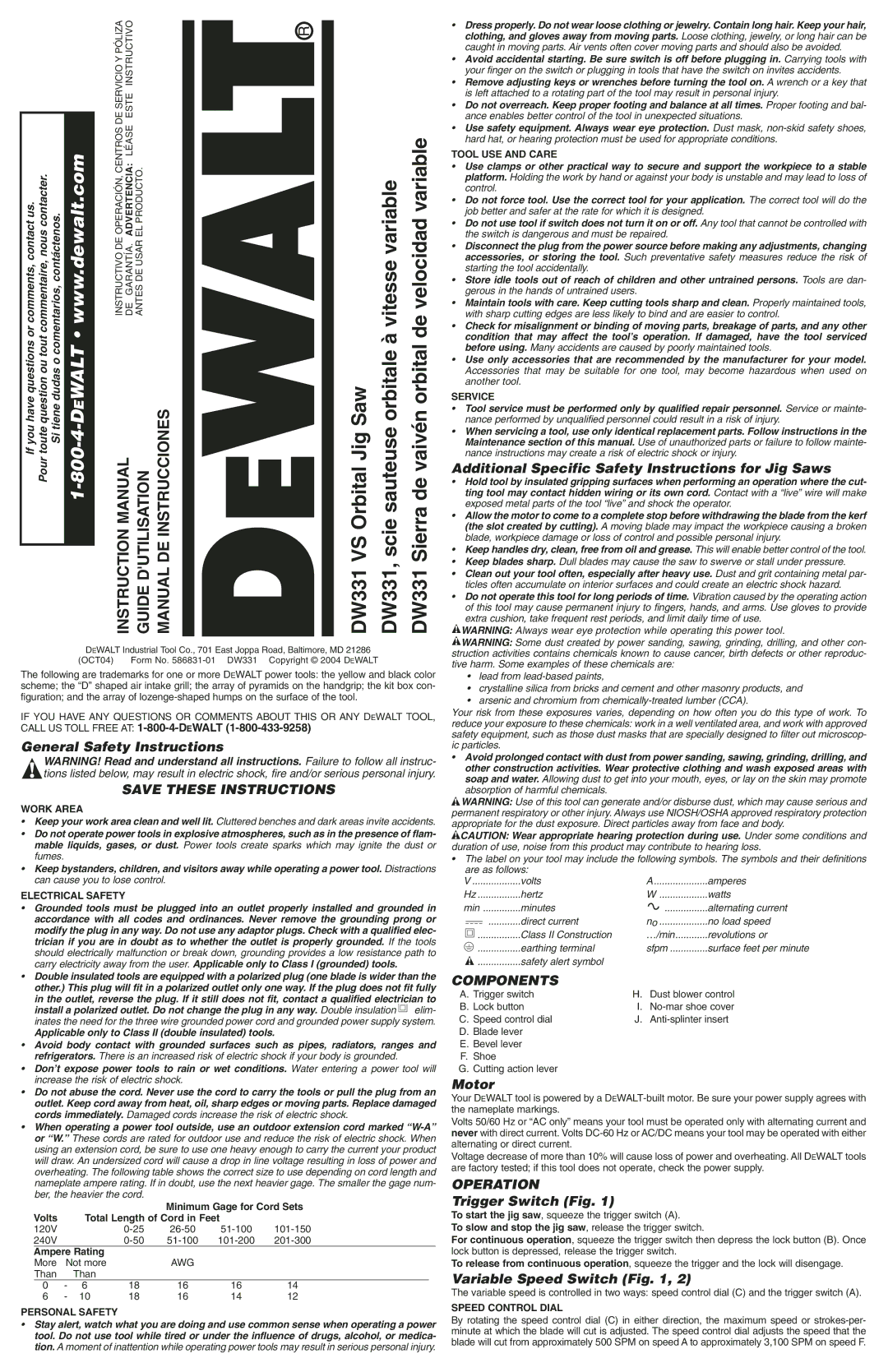 DeWalt DW331 instruction manual Components, Operation 