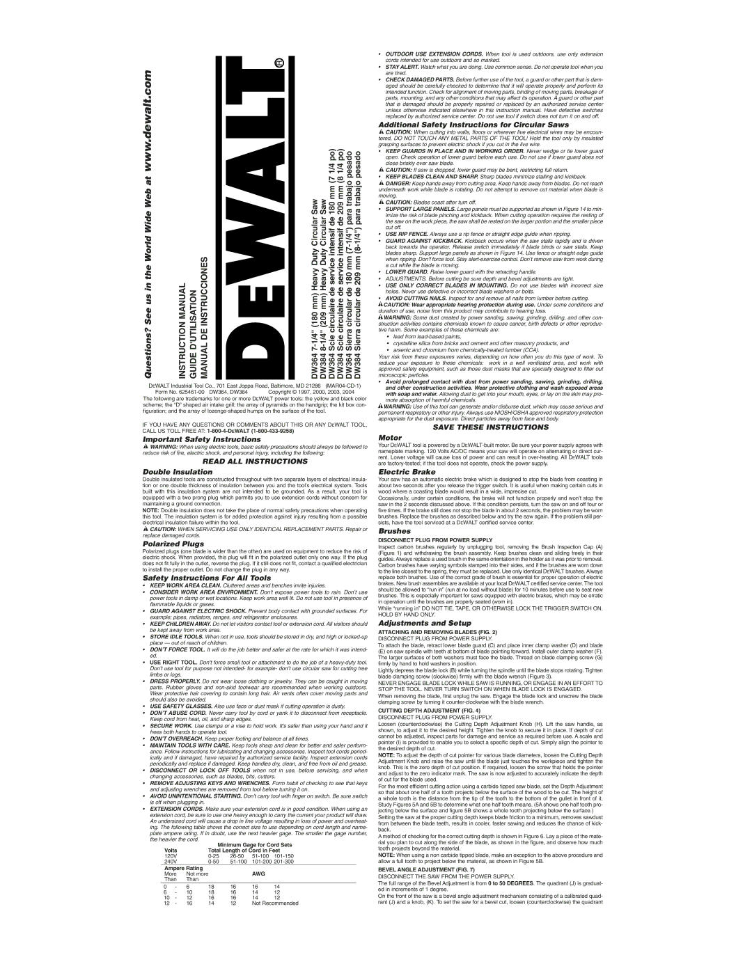 DeWalt DW364K, DW384 instruction manual Read ALL Instructions 