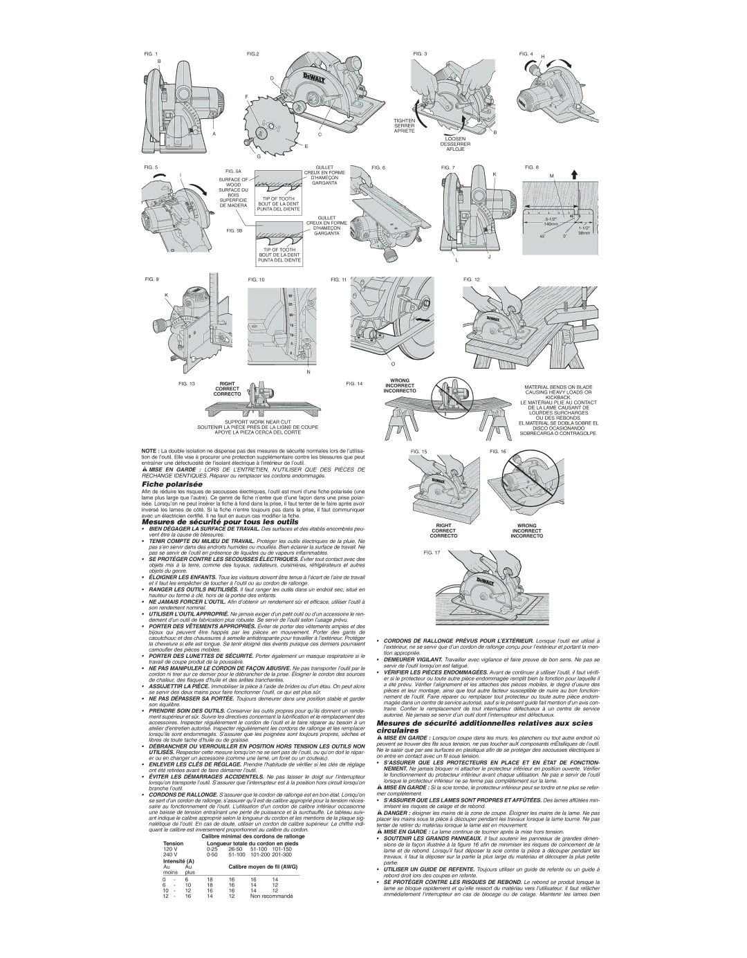 DeWalt DW364K, DW384 Fiche polarisée, Mesures de sécurité pour tous les outils, Intensité a Calibre moyen de fil AWG 