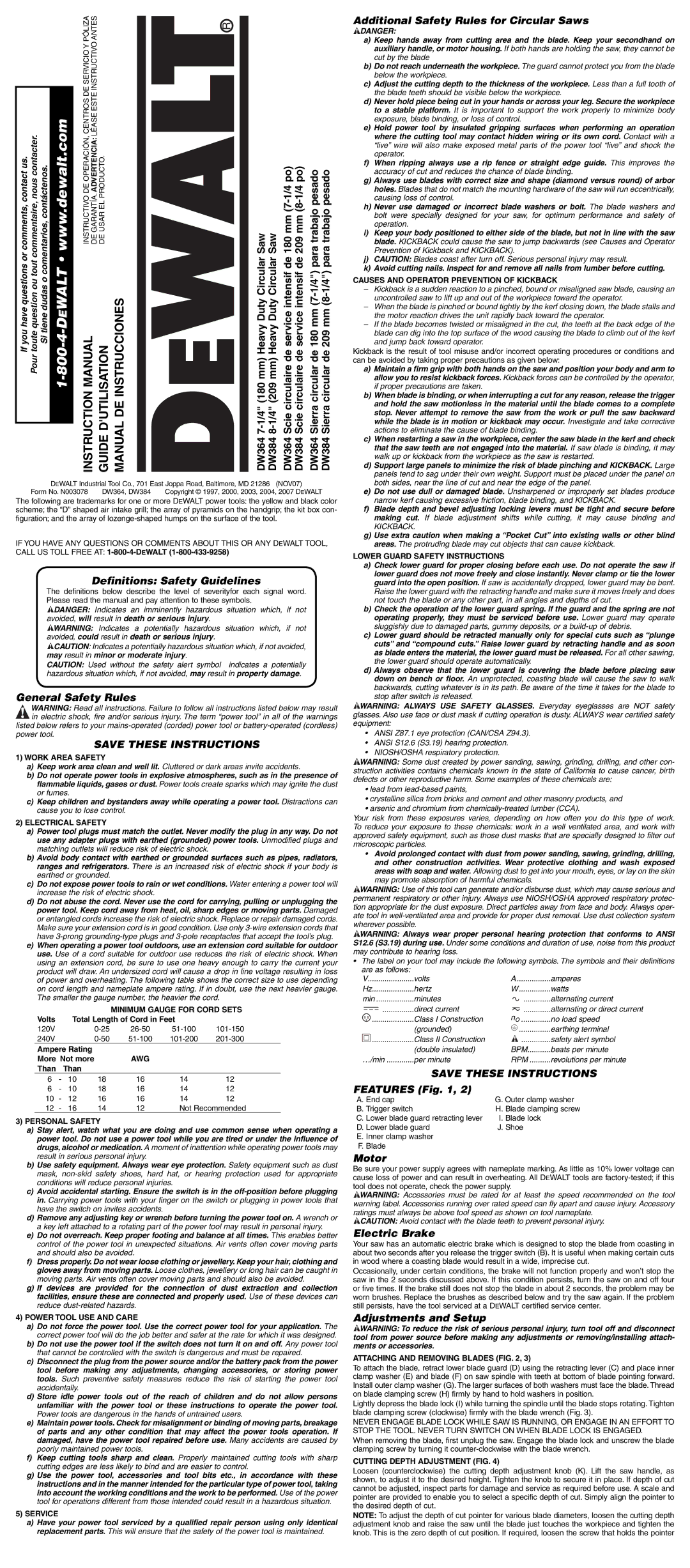 DeWalt DW364 instruction manual Definitions Safety Guidelines, General Safety Rules, Features, Motor, Electric Brake 