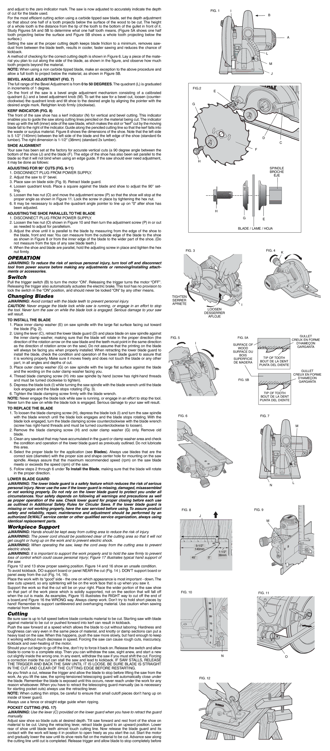 DeWalt DW364K instruction manual Operation, Switch, Changing Blades, Workpiece Support, Cutting 