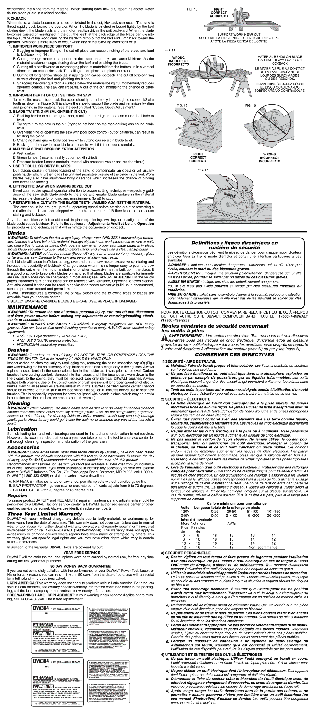 DeWalt DW364K instruction manual Maintenance, Conserver CES Directives 