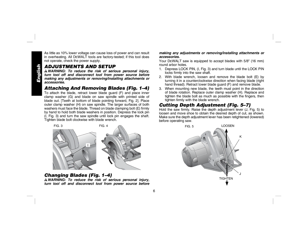 DeWalt DW366 Adjustments and Setup, Attaching And Removing Blades Fig, Changing Blades Fig, Cutting Depth Adjustment Fig 