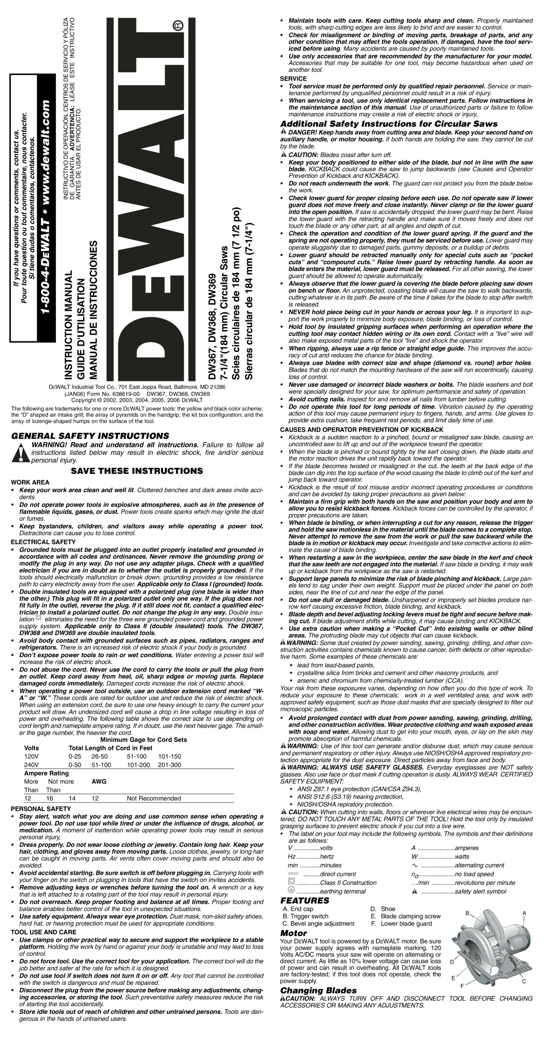 DeWalt DW367 instruction manual General Safety Instructions, Additional Safety Instructions for Circular Saws, Features 