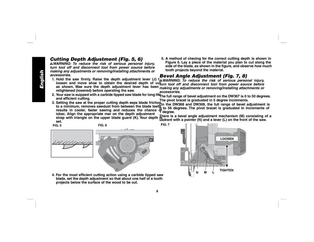 DeWalt DW369, DW367 instruction manual Cutting Depth Adjustment, Bevel Angle Adjustment 