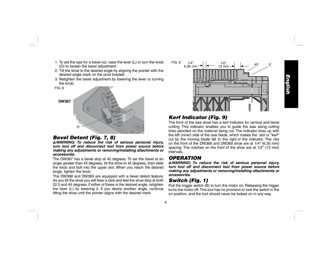 DeWalt DW367, DW369 instruction manual Bevel Detent, Kerf Indicator Fig, Operation, Switch Fig 