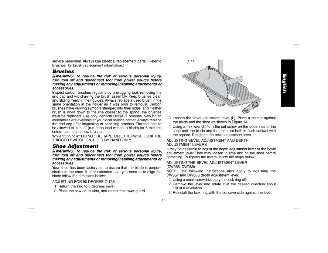 DeWalt DW367 Brushes, Shoe Adjustment, Adjusting for 90 Degree Cuts, Adjusting the Bevel Adjustment Lever DW368, DW369 