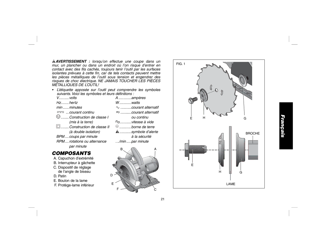 DeWalt DW367, DW369 instruction manual Composants 