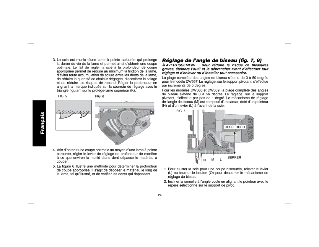 DeWalt DW369, DW367 instruction manual Réglage de l’angle de biseau ﬁg, Réglage et d’enlever ou d’installer tout accessoire 