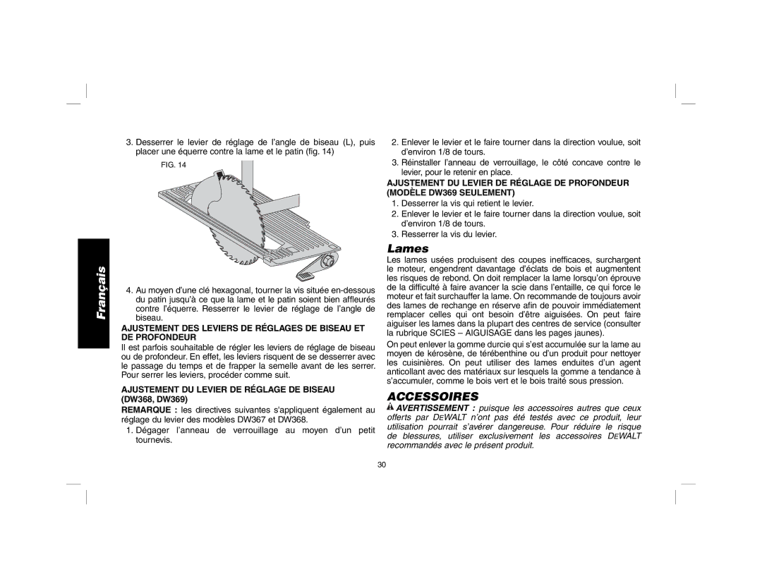 DeWalt DW367 instruction manual Lames, Accessoires, Ajustement DU Levier DE Réglage DE Biseau DW368, DW369 