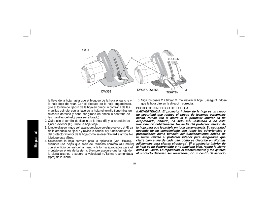 DeWalt DW369, DW367 instruction manual Protector Inferior DE LA Hoja 