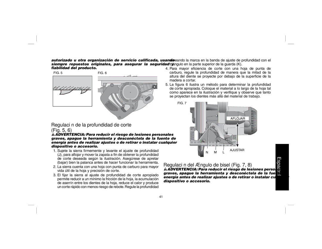 DeWalt DW367, DW369 instruction manual Regulación de la profundidad de corte, Regulación del ángulo de bisel 