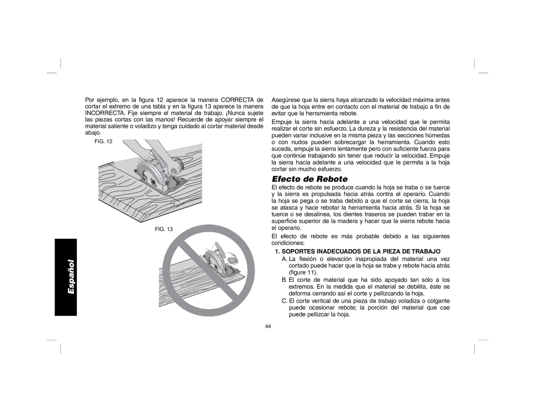 DeWalt DW369, DW367 instruction manual Efecto de Rebote, Soportes Inadecuados DE LA Pieza DE Trabajo 