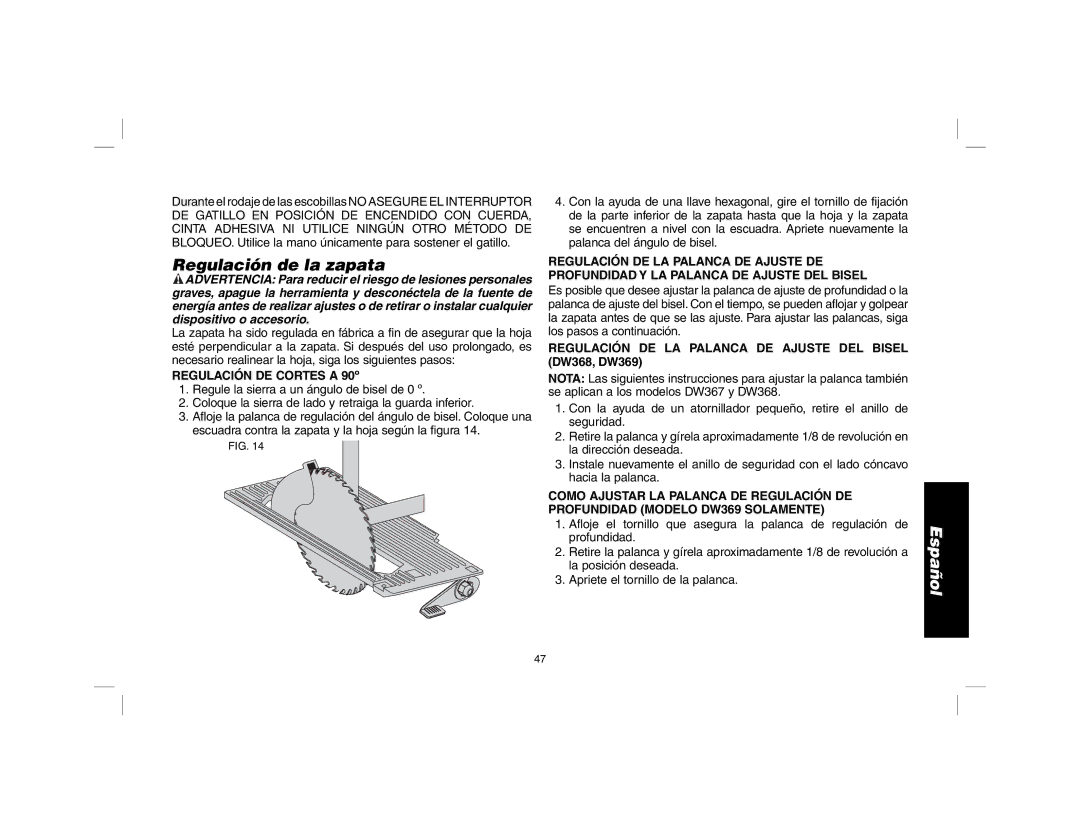 DeWalt DW367 instruction manual Regulación de la zapata, Regulación DE LA Palanca DE Ajuste DEL Bisel DW368, DW369 