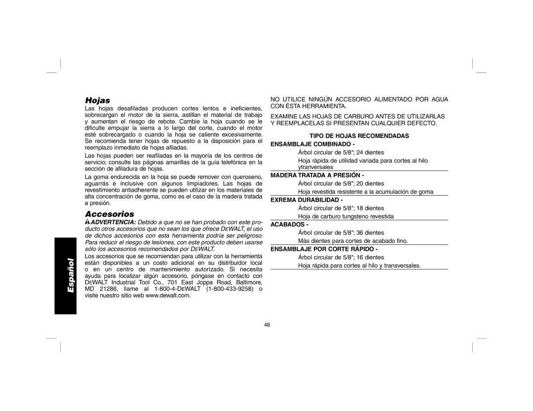 DeWalt DW369, DW367 instruction manual Hojas, Accesorios 