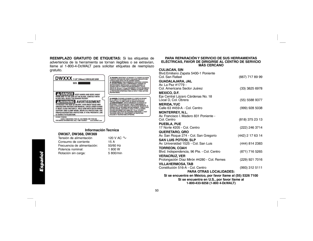 DeWalt instruction manual Información Tecnica DW367, DW368, DW369 