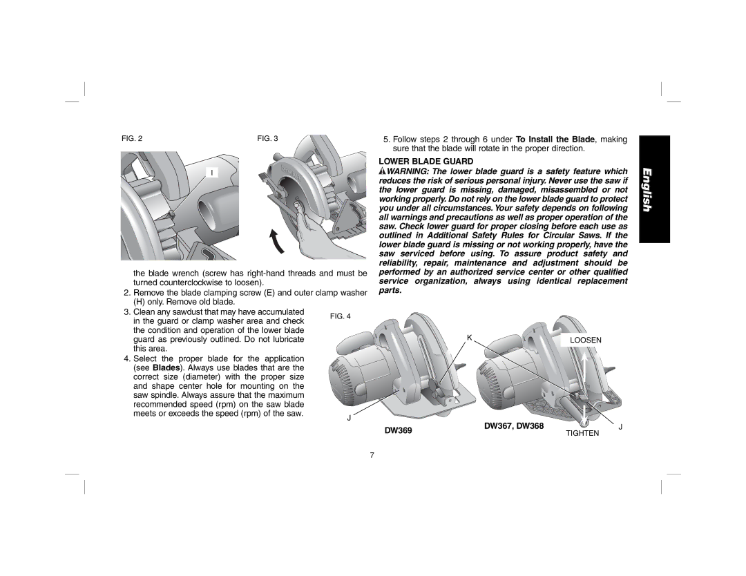 DeWalt DW367, DW369 instruction manual Lower Blade Guard 