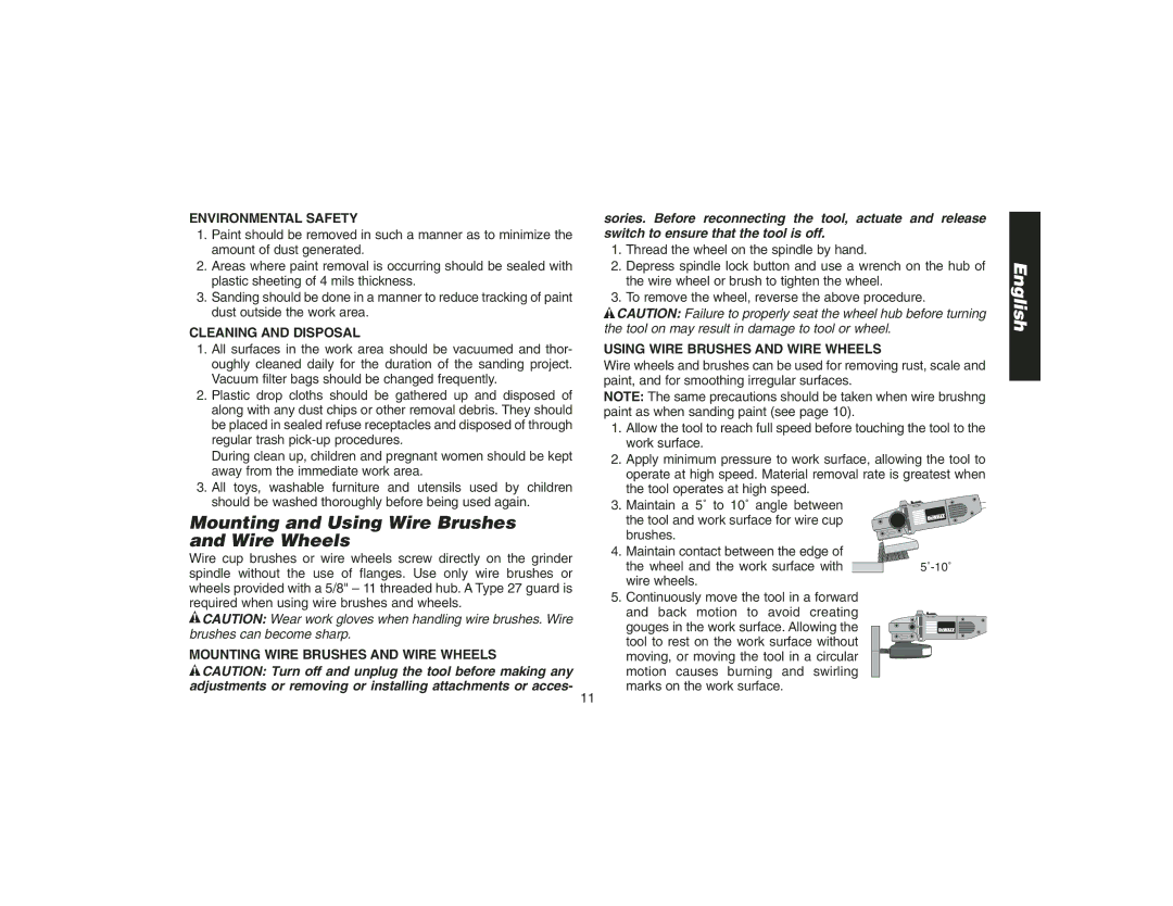 DeWalt DW400 Mounting and Using Wire Brushes and Wire Wheels, Environmental Safety, Cleaning and Disposal 