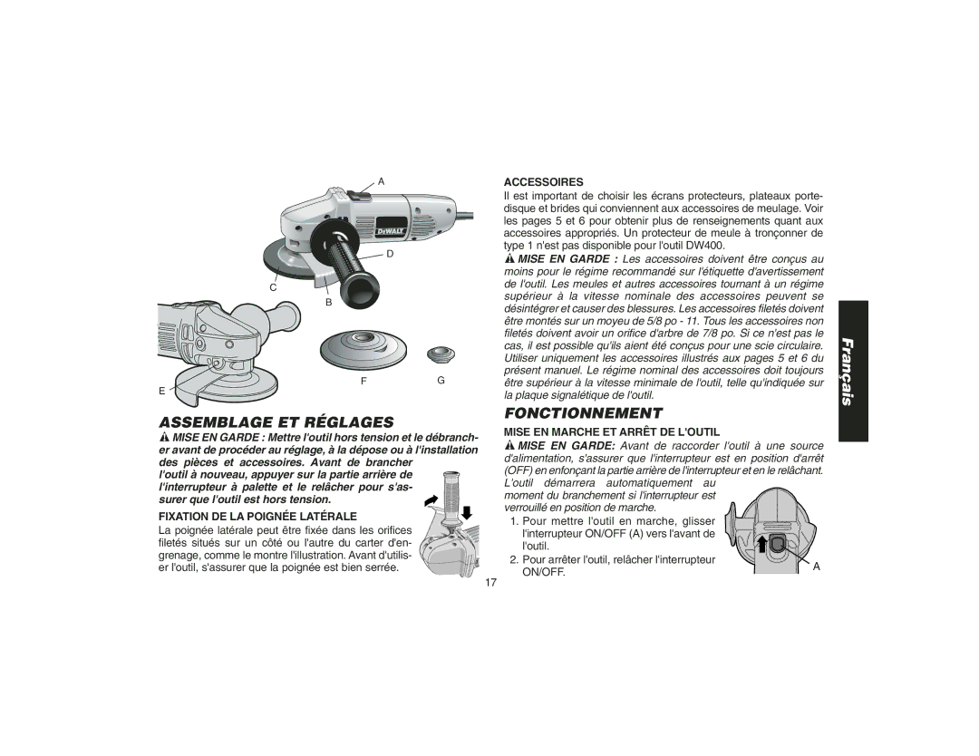 DeWalt DW400 instruction manual Assemblage ET Réglages, Fonctionnement, Accessoires, Fixation DE LA Poignée Latérale 