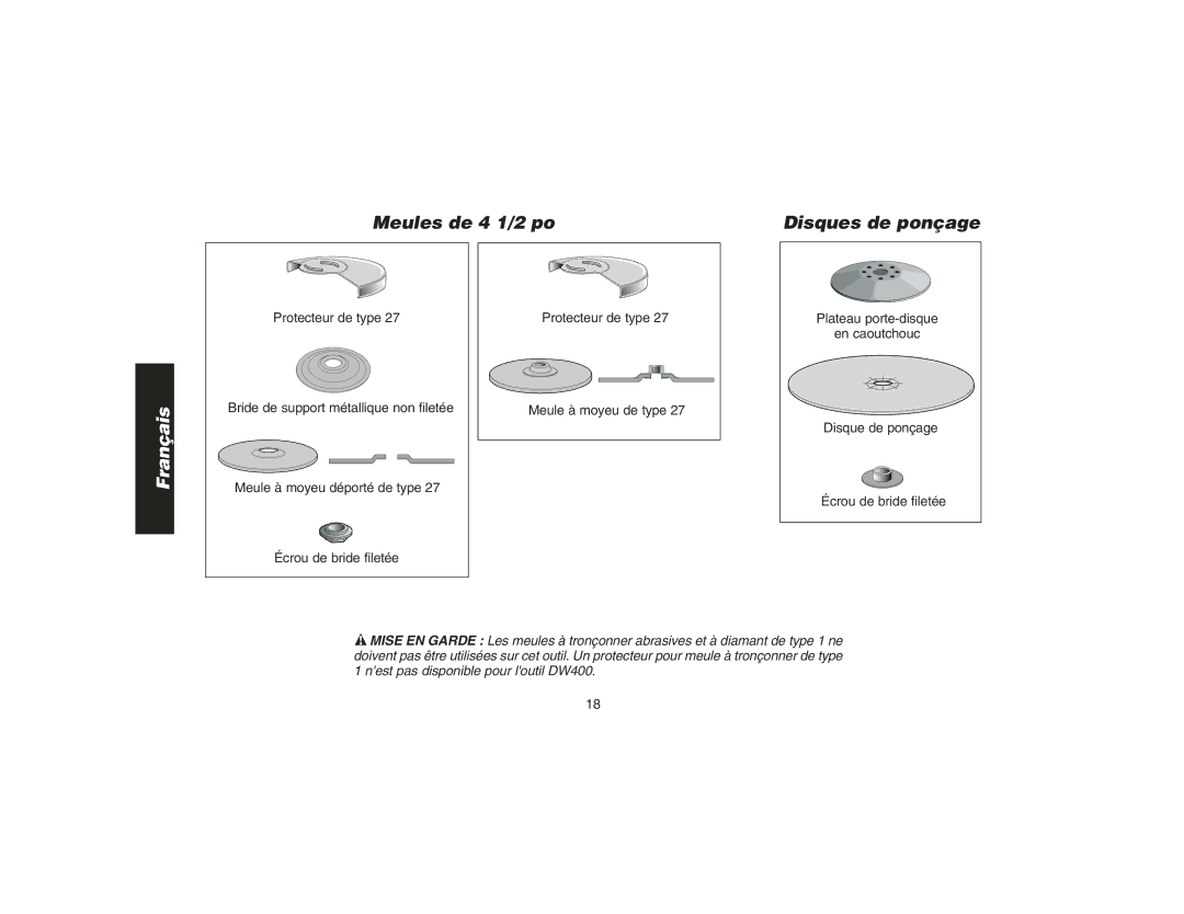 DeWalt DW400 instruction manual Meules de 4 1/2 po, Disques de ponçage 