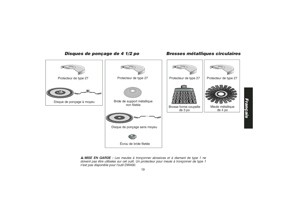 DeWalt DW400 instruction manual Protecteur de type Brosse forme coupelle De 3 po 