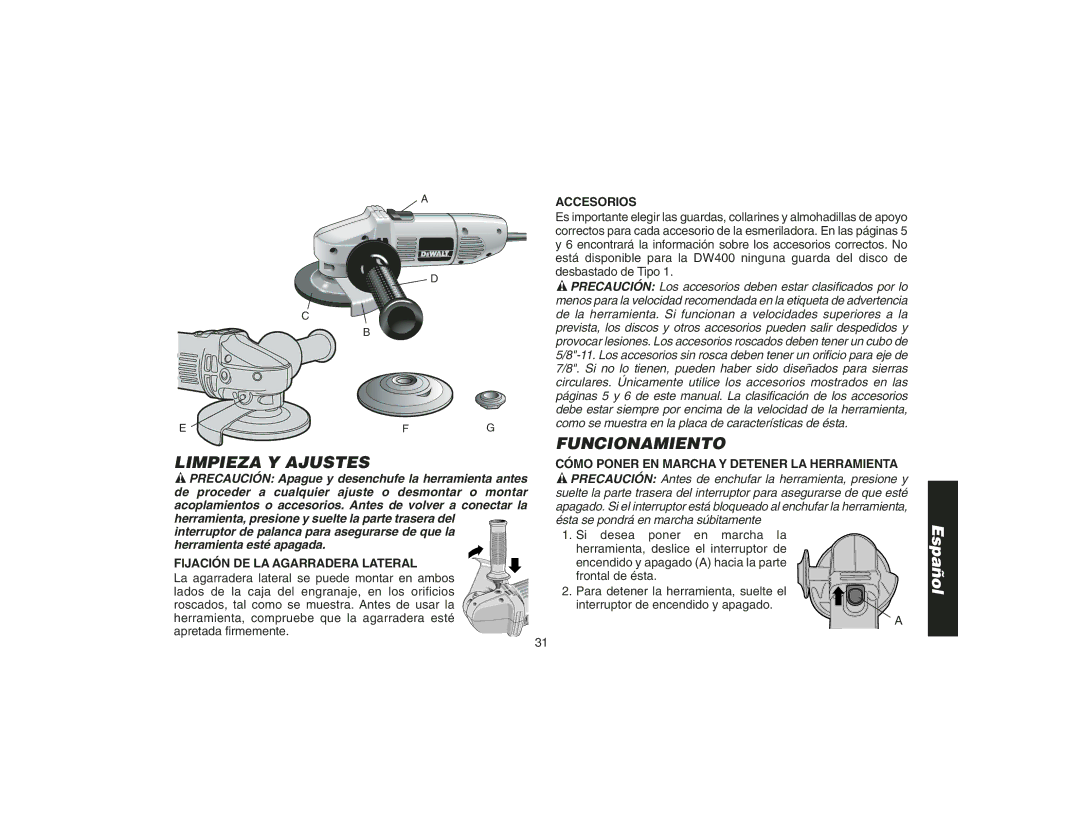 DeWalt DW400 instruction manual Limpieza Y Ajustes, Funcionamiento, Fijación DE LA Agarradera Lateral, Accesorios 