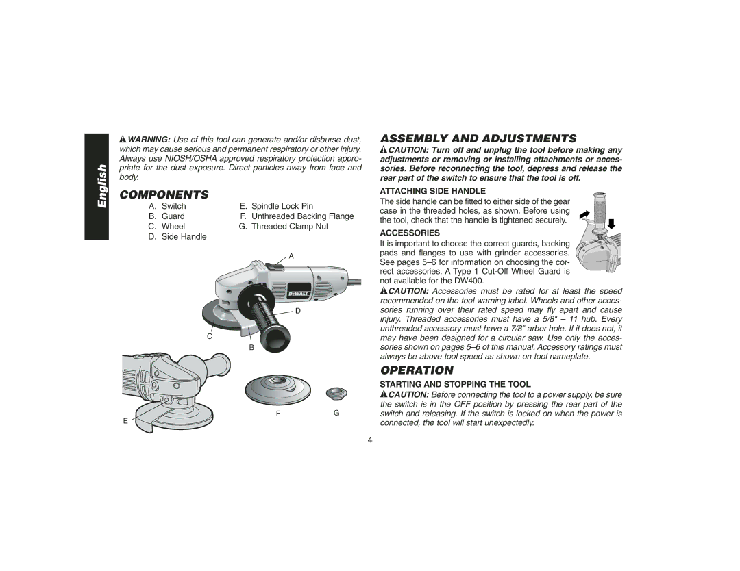 DeWalt DW400 instruction manual Components, Assembly and Adjustments, Operation, Attaching Side Handle, Accessories 