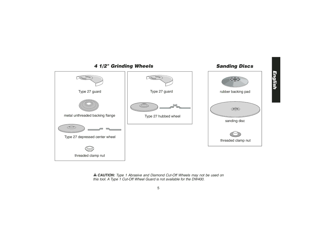 DeWalt DW400 instruction manual Grinding Wheels, Sanding Discs 